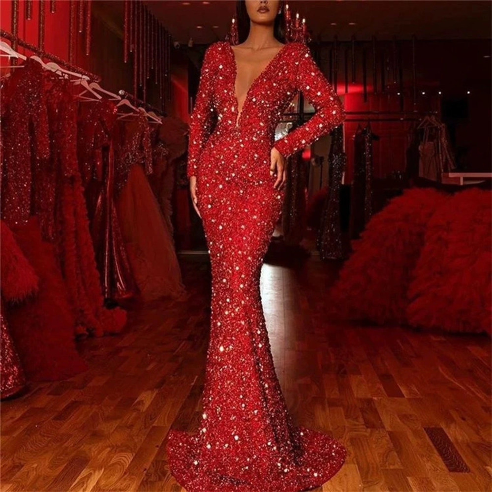 ZARA Spring Red Glittery Long Sleeve Mermaid Evening Dress